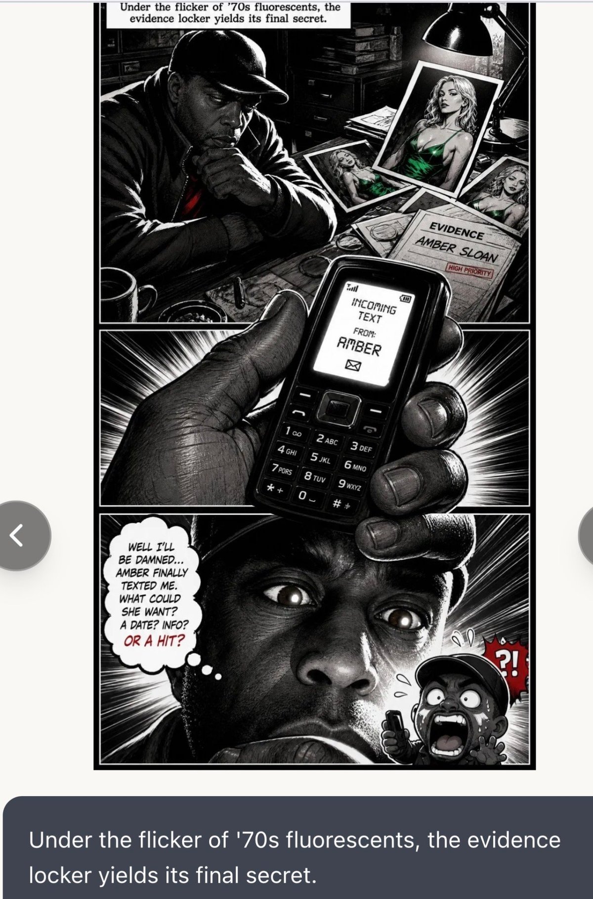 Black and white comic panel showing man examining evidence locker under 70s lighting, holding phone with text message from Amber, dramatic close-up of shocked face below