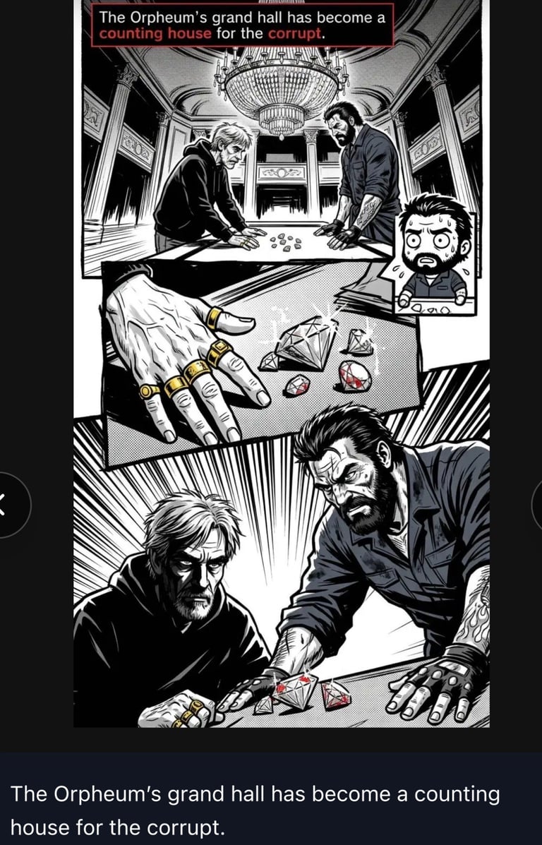 Black and white manga-style comic panel showing corrupt figures counting money in an ornate hall with diamonds, depicting the Orpheum as a criminal counting house