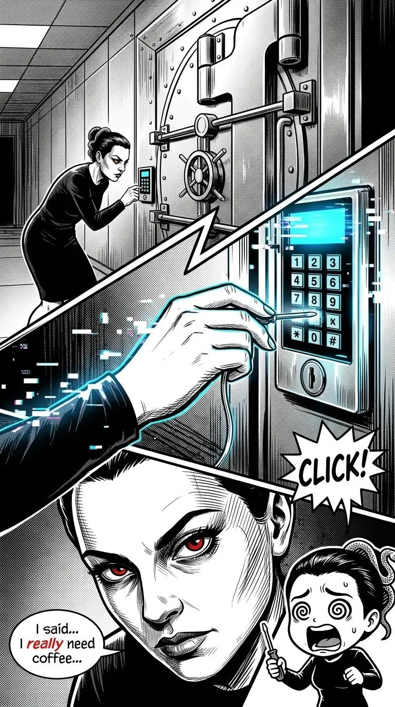 Black and white comic illustration showing a woman with red eyes saying she needs coffee, with scenes of vault opening and hand touching keypad above