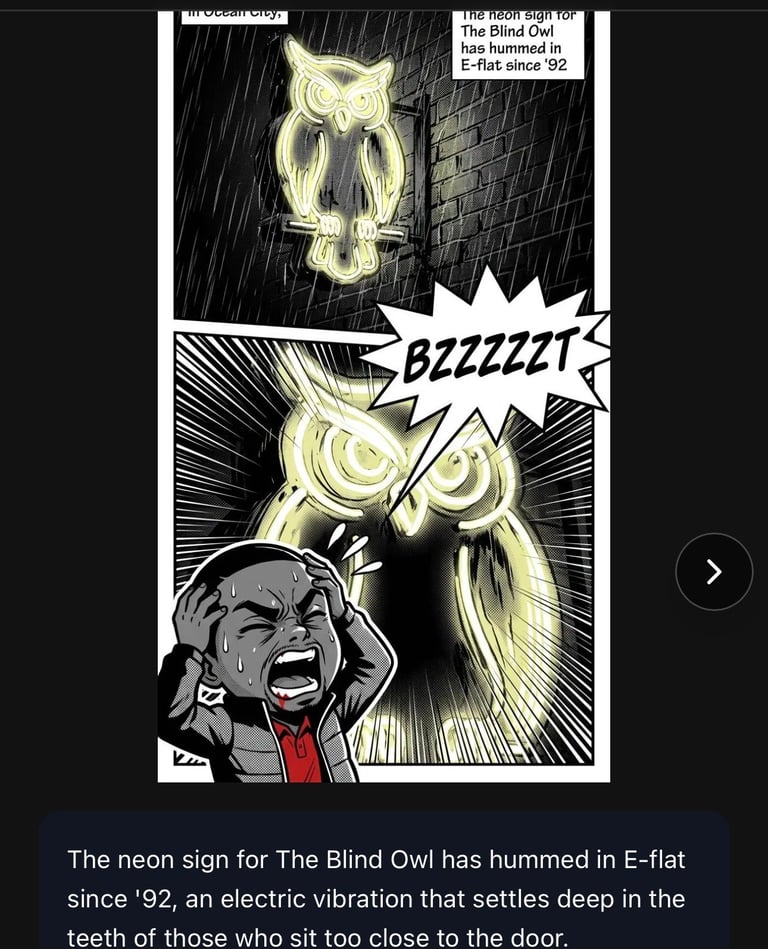 Comic panel showing a glowing neon owl sign buzzing above a frightened character covering their ears