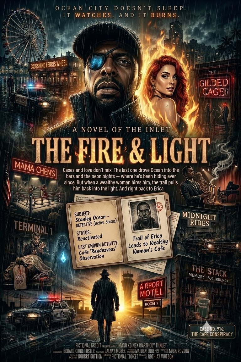 Movie poster for The Fire & Light featuring a mans face, woman with red hair, burning cityscape with Ferris wheel, and noir detective elements