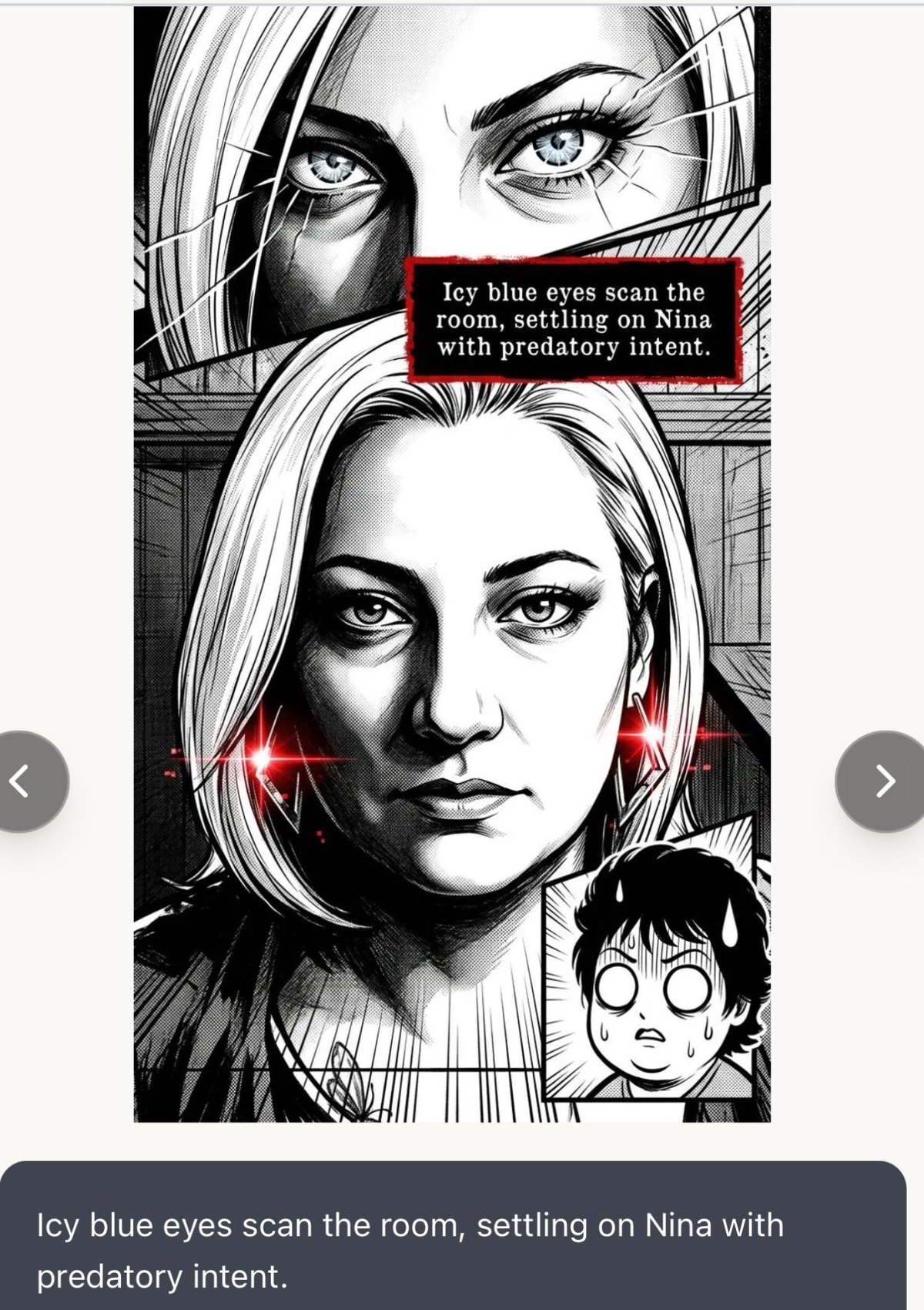 Black and white manga panel showing a woman with icy blue eyes studying a room with predatory intent, with smaller character reactions below