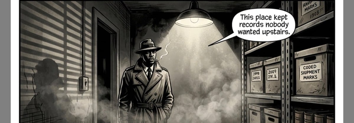 Film noir style illustration of a detective in fedora and coat standing in smoky hallway with speech bubble saying This place kept records nobody wanted upstairs