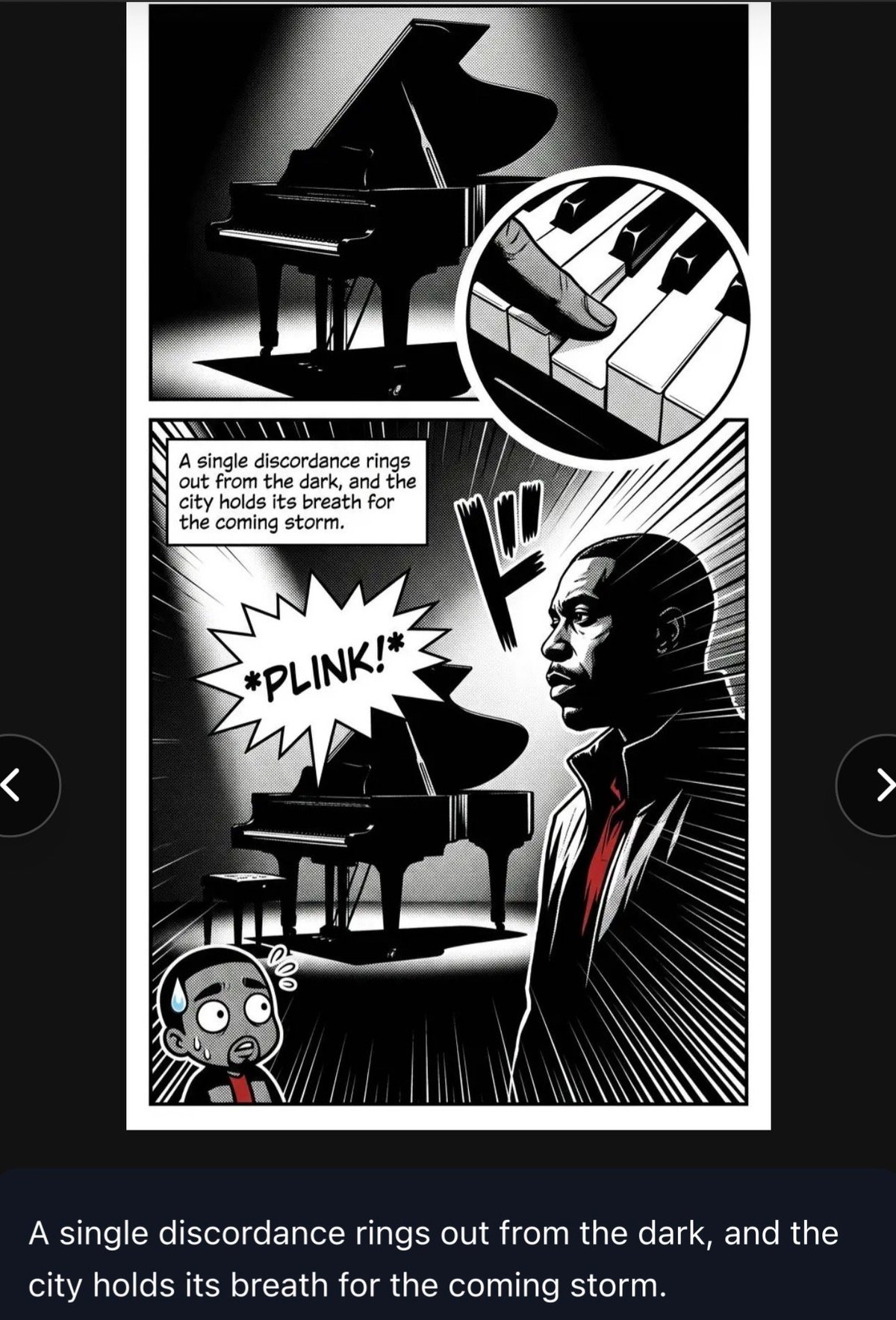Black and white comic panel showing a man reacting to a single piano note with dramatic effect, cityscape in background