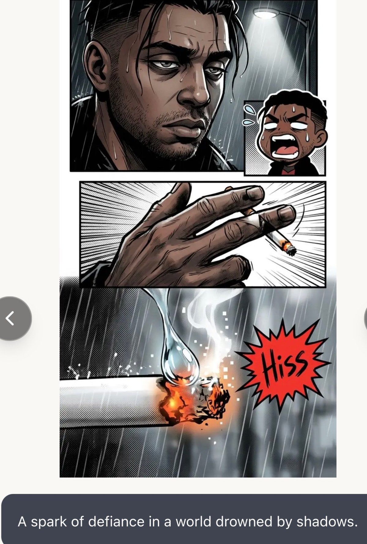 Comic panel sequence showing a determined man igniting a cigarette in heavy rain with a defiant expression