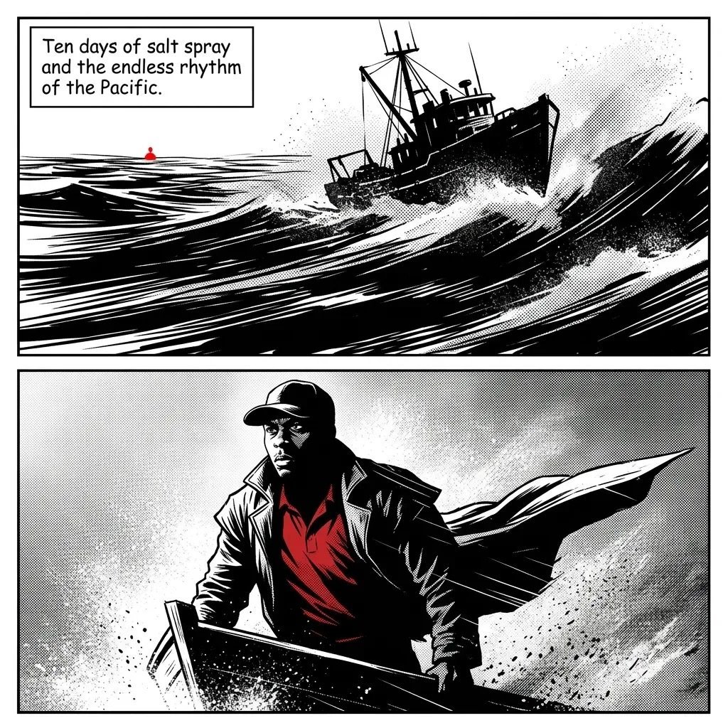 Comic panel showing a fishing vessel in rough Pacific waves above, and a determined fisherman in red shirt and cap below