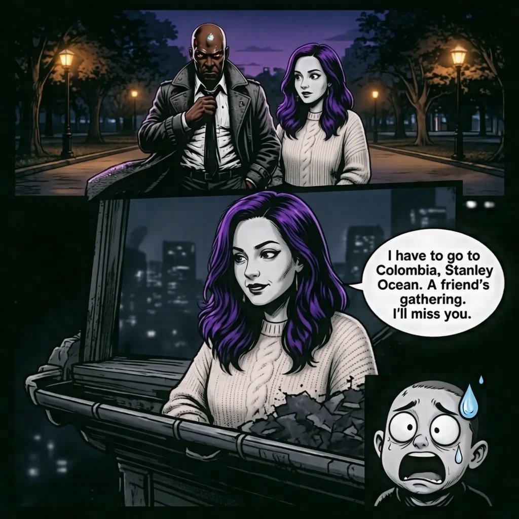 Comic panel showing a woman with purple hair in a suitcase telling a man she must leave for Colombia, with an upset mans face below