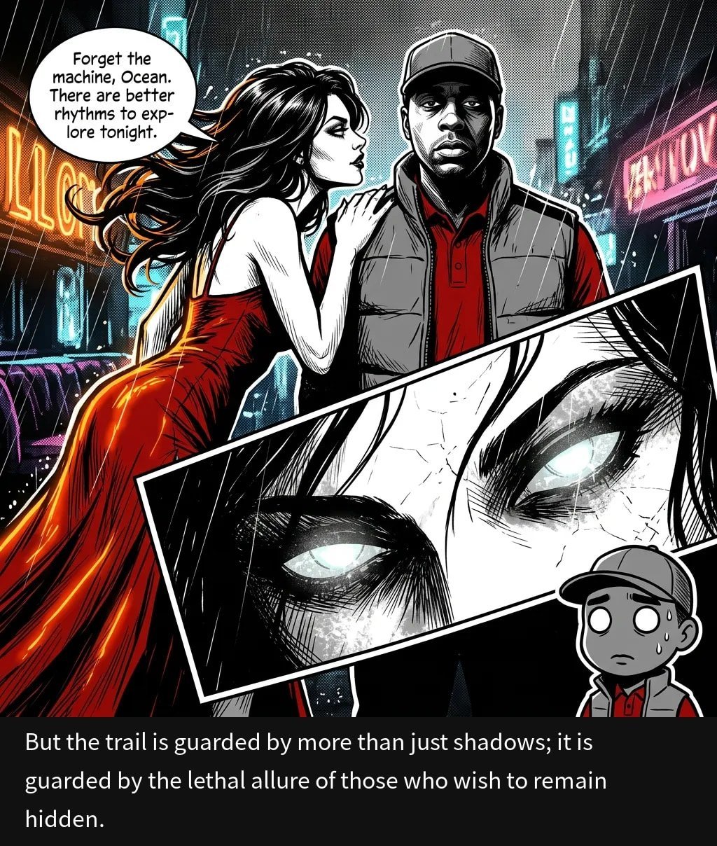Comic panel showing a woman in red dress and man in cap and vest in noir cityscape with close-up face sketches and dialogue about danger