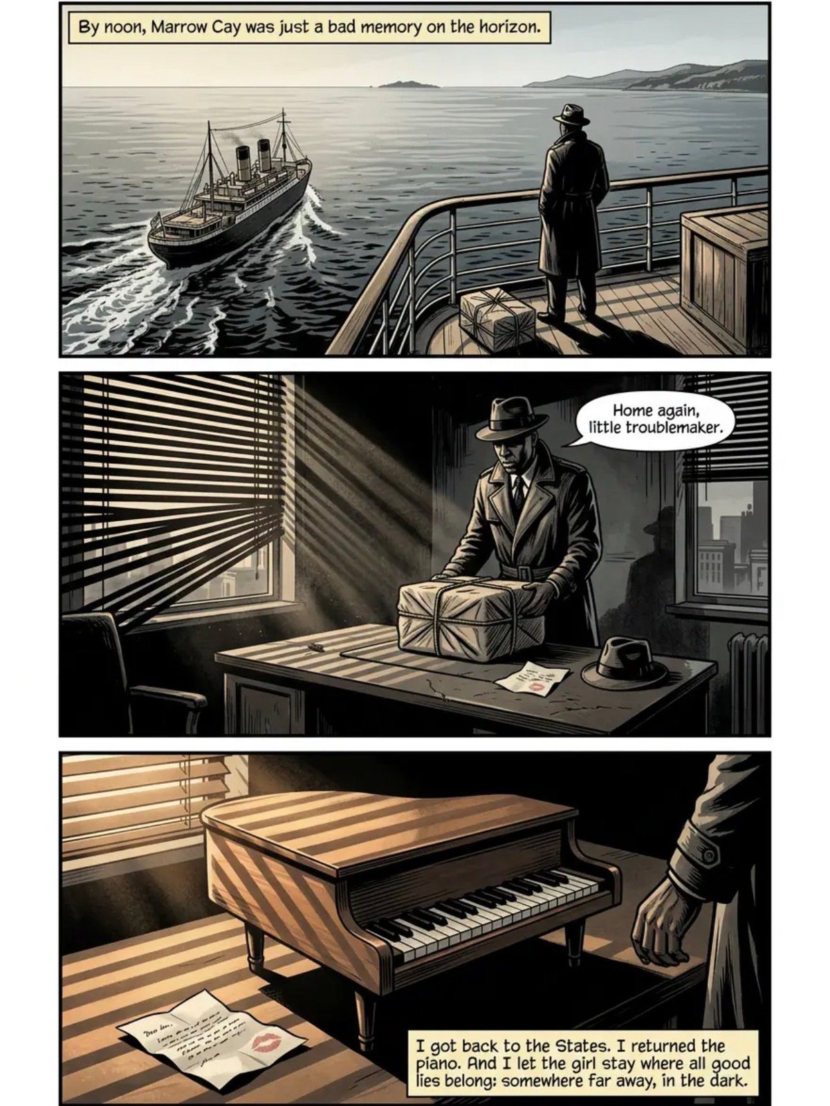 Noir-style comic strip showing a man watching a ship leave, returning home with a package, and playing piano with sheet music