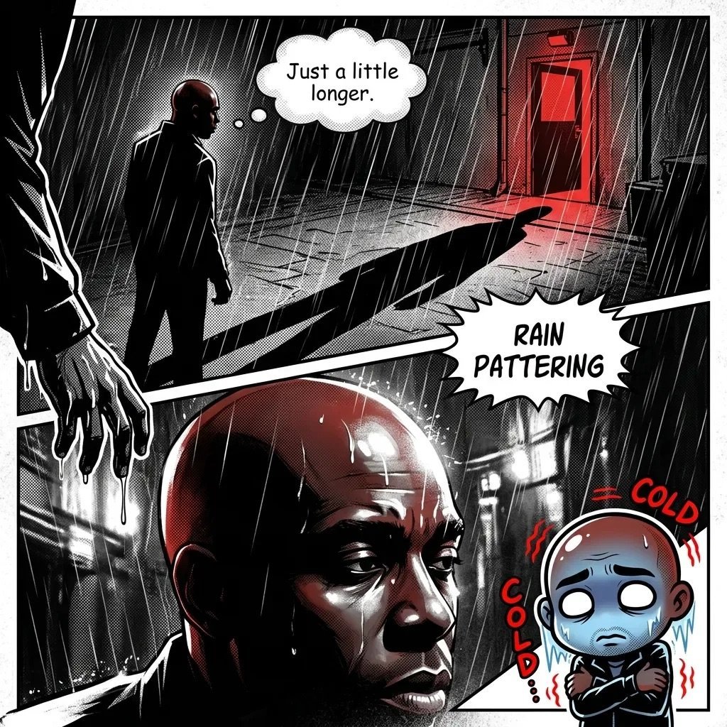 Comic panel showing a man in rain with dialogue bubbles saying Just a little longer and RAIN PATTERING. Features dramatic red lighting and a distressed character face.