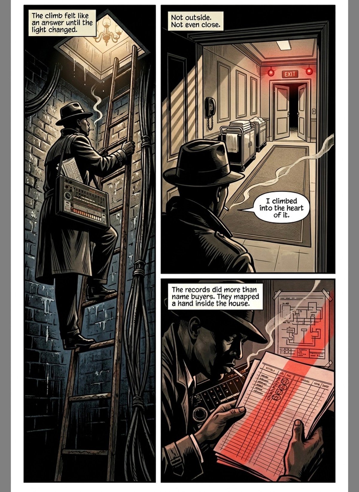 Noir-style comic panels showing a detective climbing to an attic, discovering an exit is blocked, and examining hand-drawn house maps and records.