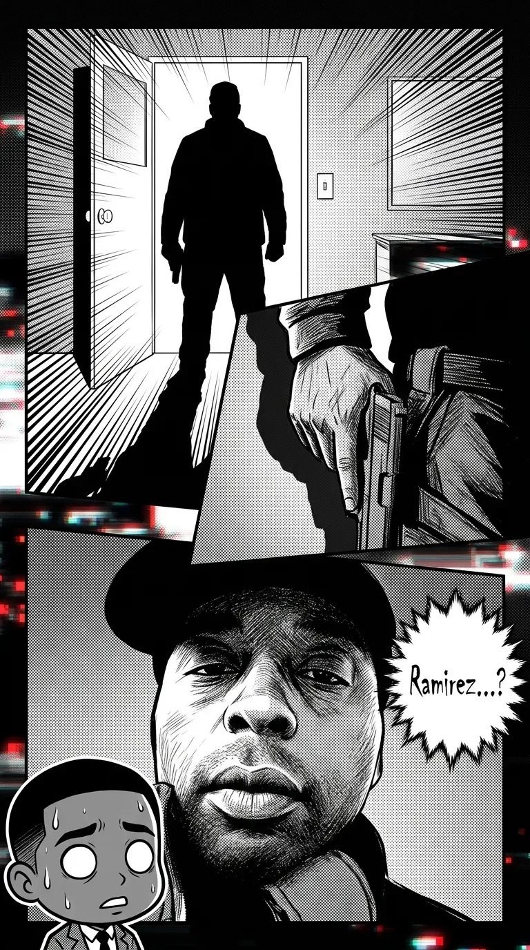 Black and white manga-style comic panel showing a man's silhouette entering a doorway above, and a close-up of a bearded man's shocked face below saying Ramirez...?