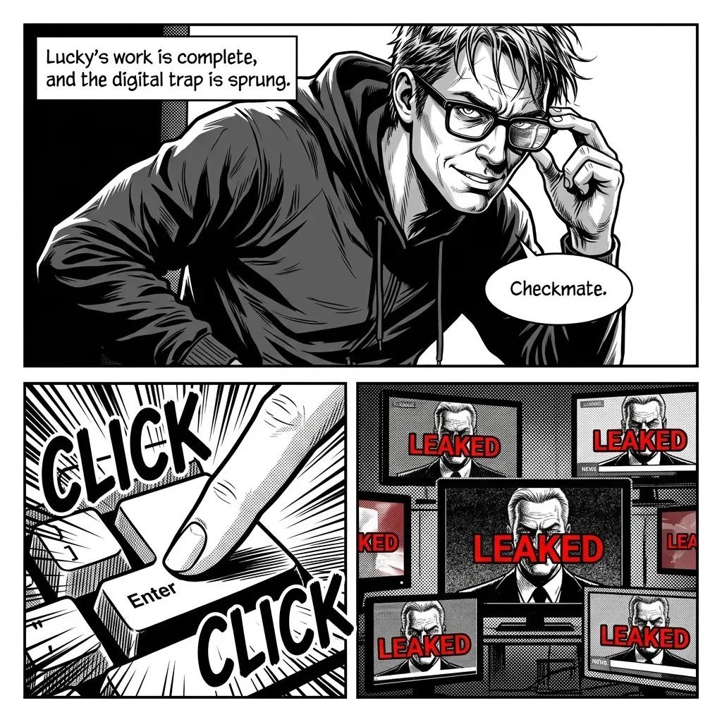Manga comic panel showing a man setting a digital trap and clicking Enter, causing multiple LEAKED notifications to appear on screens