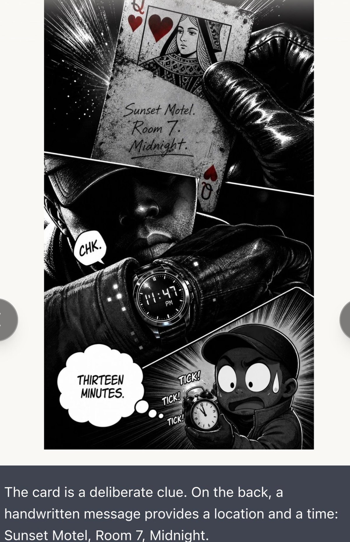 Black and white manga-style comic panel showing mysterious figure with clock and playing cards, with text Sunset Motel, Room 7, Midnight and character saying Thirteen minutes