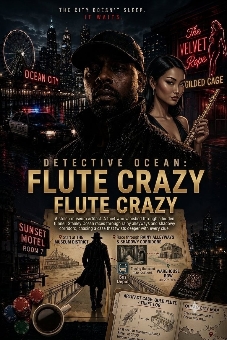 Movie poster for Detective Ocean: Flute Crazy featuring a detective in a noir-style cityscape with neon signs and mystery clues scattered throughout