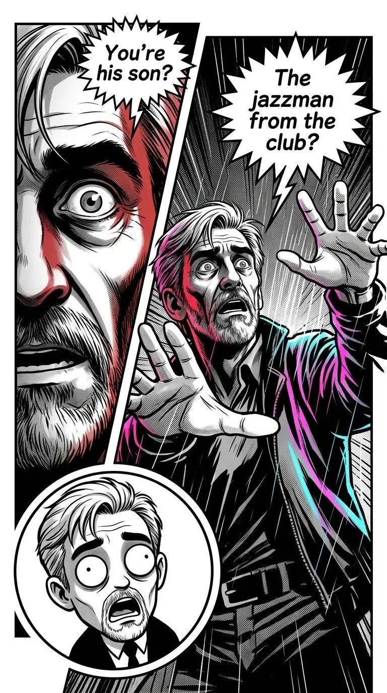 Dramatic manga-style comic panel showing two men with shocked expressions discussing the jazzman from a club, with red and purple accent colors