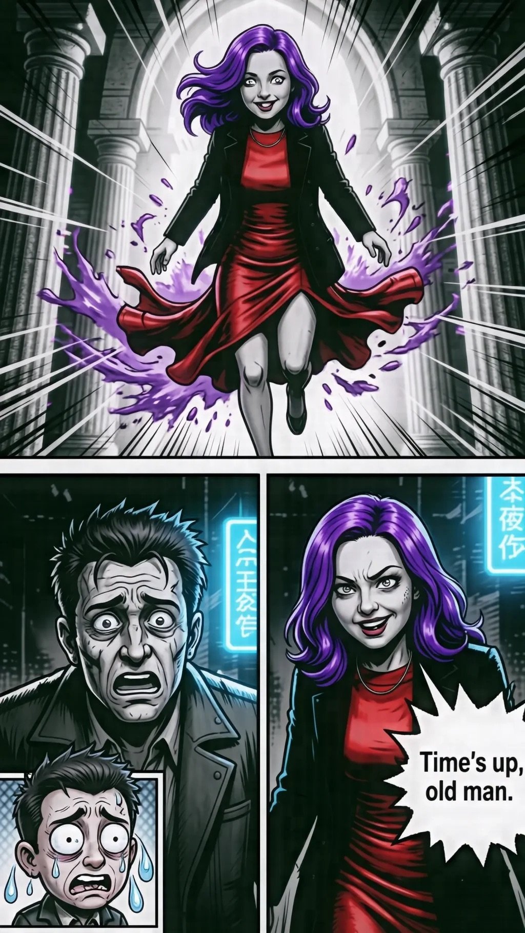 Manga-style comic panel: Woman with purple hair and red dress wielding purple magic energy, confronting frightened men in dark urban setting