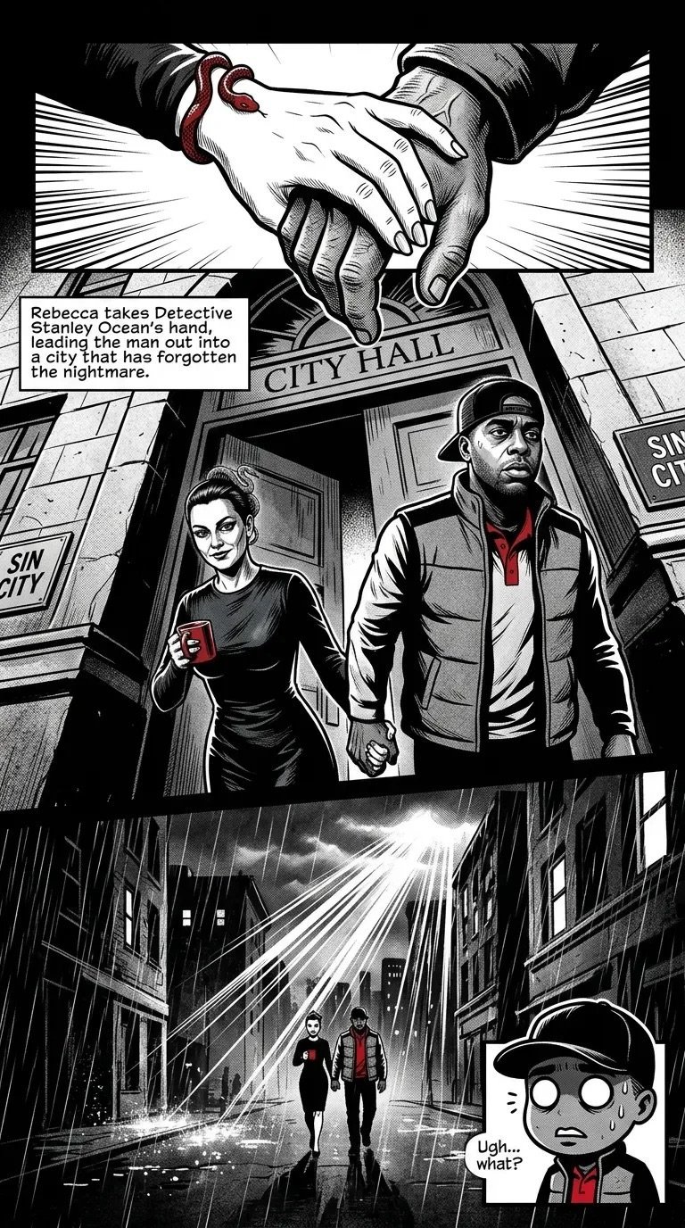 Black and white comic panel showing Rebecca and Detective Ocean entering a city hall building, with their hands joined above and rain-soaked streets below