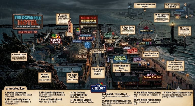 Annotated aerial view of a coastal city district with labeled landmarks and historical buildings highlighted with text boxes