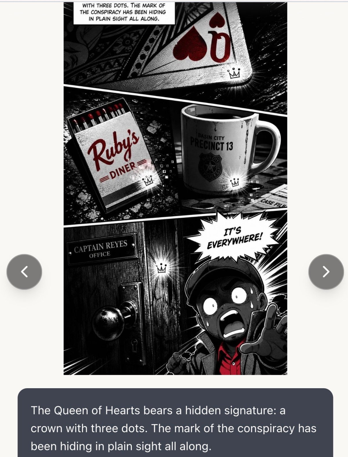 Black and white comic panel collage showing playing cards, Rubys Diner matchbook, coffee mug, and mysterious masked character with conspiracy clues highlighted