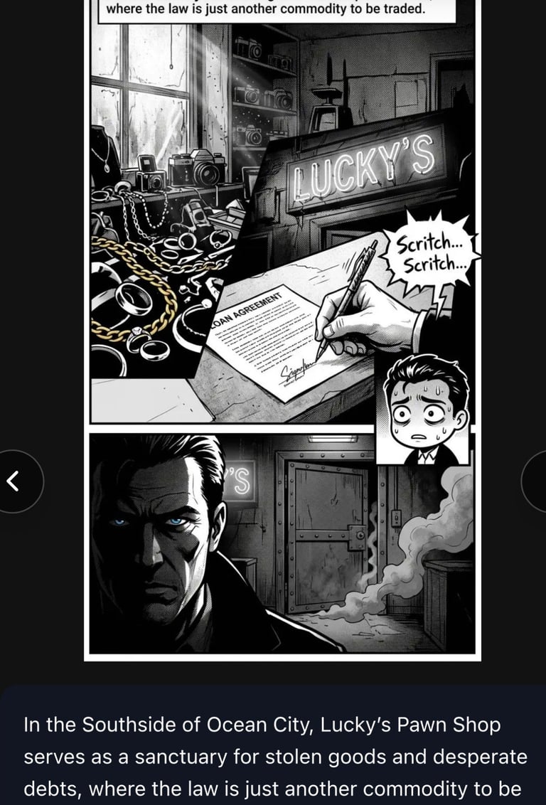 Black and white comic panel showing a pawn shop interior with stolen goods, a man signing a document, and a character with an exaggerated expression.