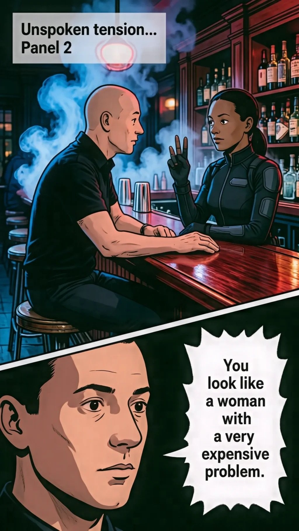Comic panel showing two people at a bar with tense conversation. Text reads Unspoken tension... Panel 2 and You look like a woman with a very expensive problem.