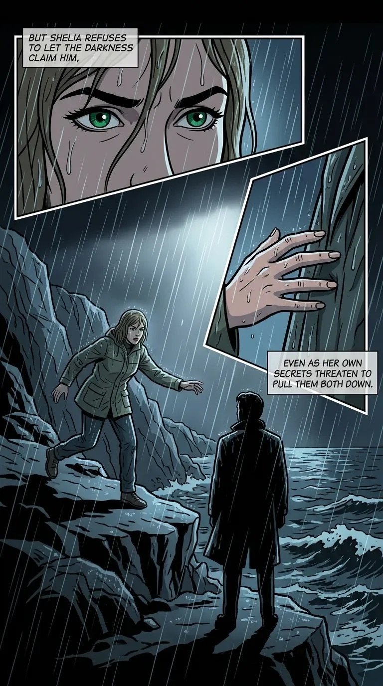 Comic panel showing a woman with green eyes in rain, with close-up of her face and two figures standing below in stormy weather