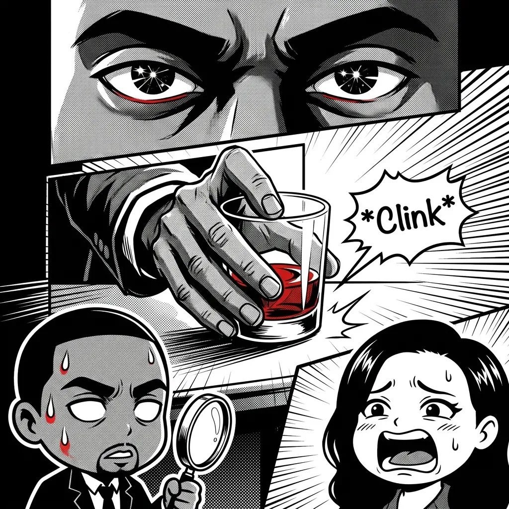 Manga-style comic panel showing a menacing figure holding a drink with a clink sound effect, two distressed characters below reacting in fear