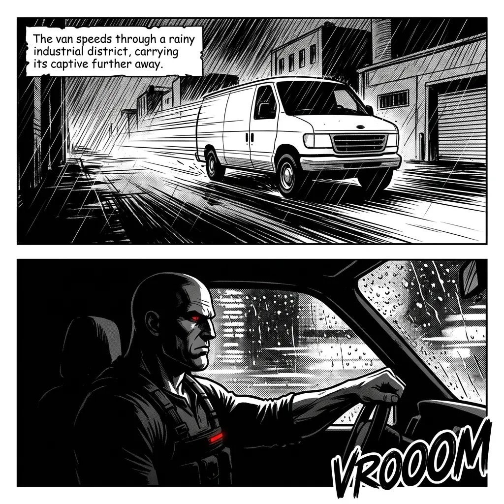 Comic panel showing a white van speeding through a rainy industrial district with a captive inside, and a driver in pursuit vehicle below.