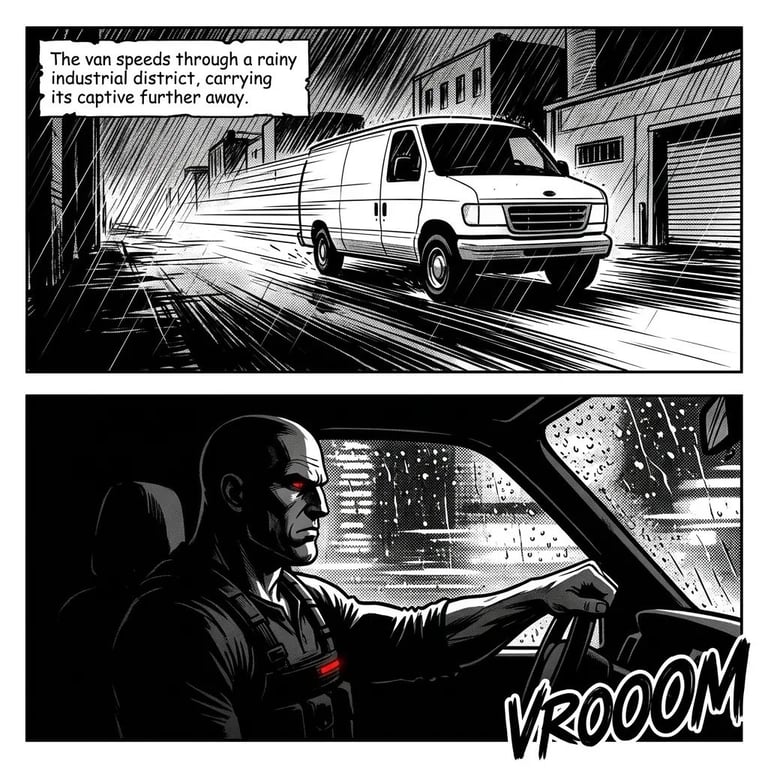 Comic panel showing a white van speeding through a rainy industrial district with a captive inside, and a driver in pursuit vehicle below.