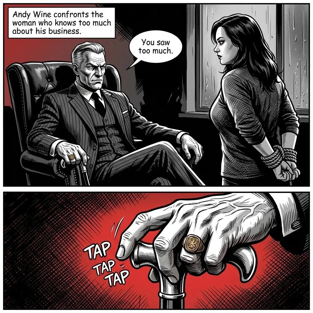 Comic strip panel: Man in suit seated confronts standing woman. Bottom panel shows close-up of hand tapping fingers on cane with TAP sound effects.