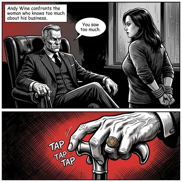 Comic strip panel: Man in suit seated confronts standing woman. Bottom panel shows close-up of hand tapping fingers on cane with TAP sound effects.
