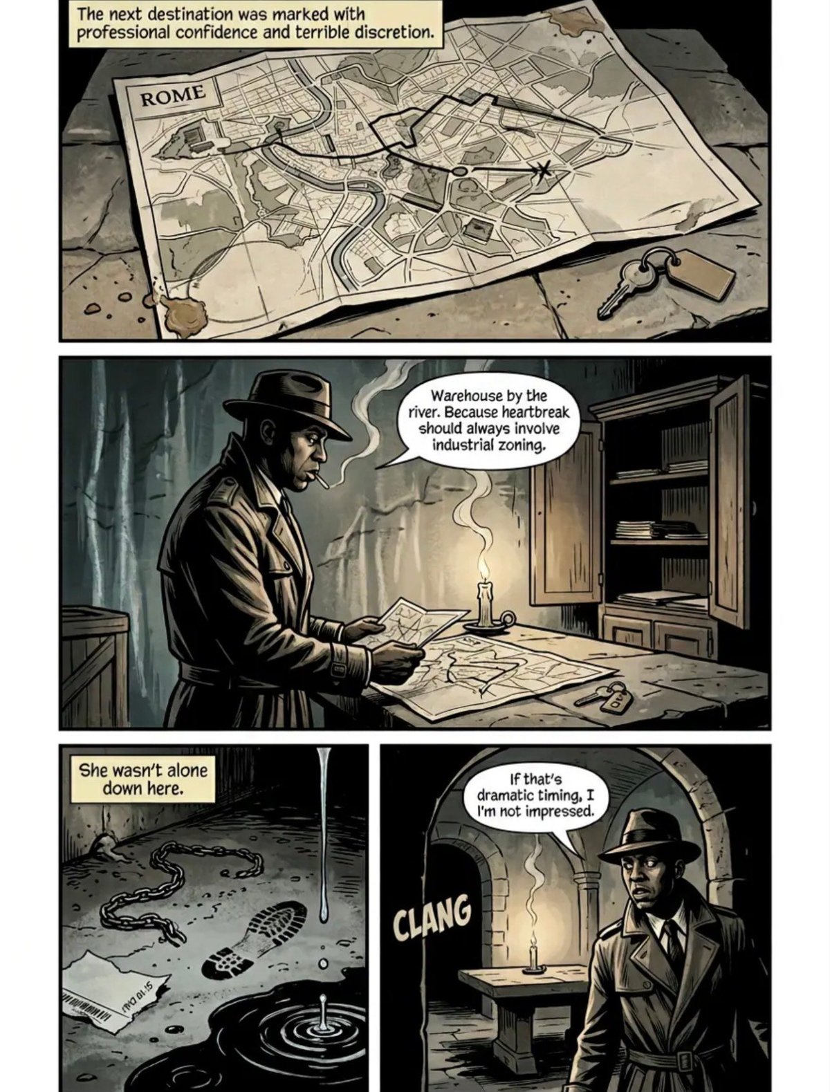 Noir comic strip showing a detective studying a map of Rome, examining crime scene details, and investigating a warehouse location.
