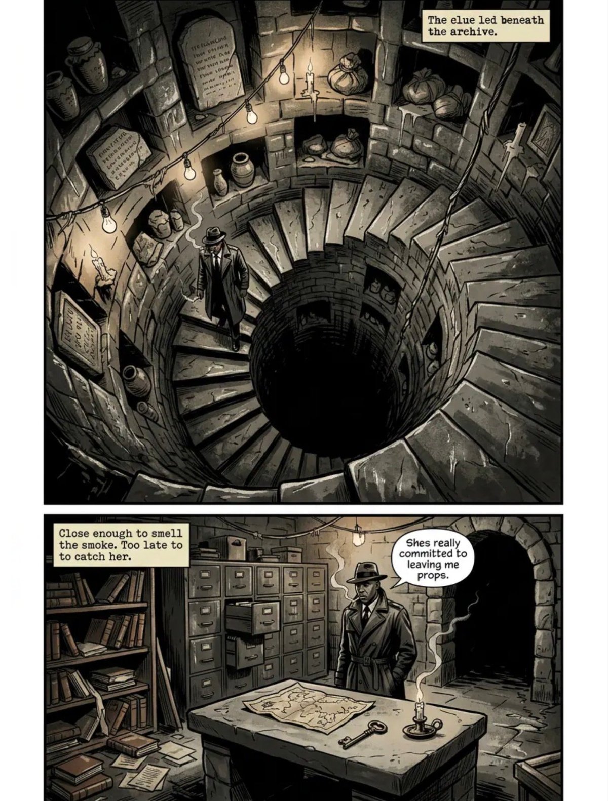 Black and white comic panels showing a spiral staircase descending into darkness and a detective in an archive office examining documents and artifacts.
