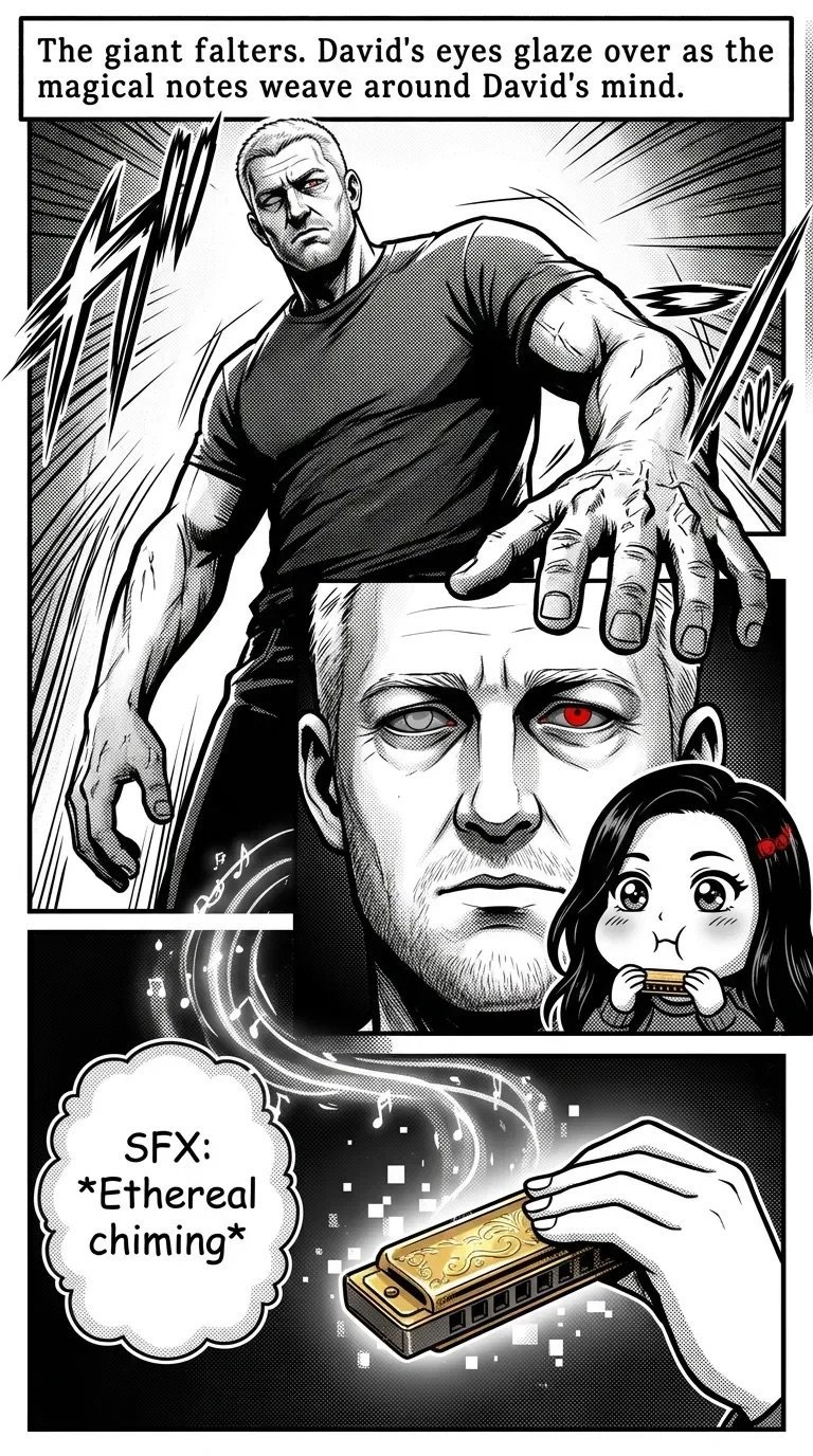 Comic panel showing a man concentrating with magical energy flowing from his hand into a giant head with glowing red eyes, while a woman watches. Lower panel shows a harmonica with ethereal chiming sound effects.