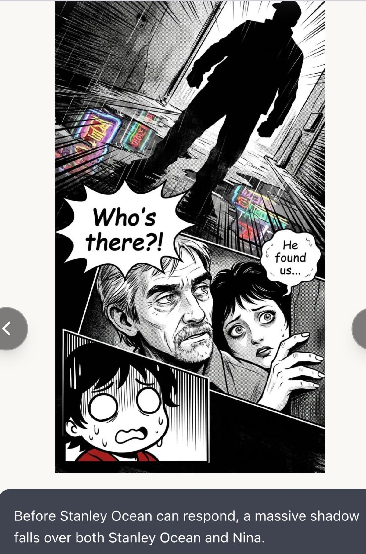 Black and white manga panel showing a man and woman looking up alarmed as a silhouetted figure leaps overhead with city buildings in background