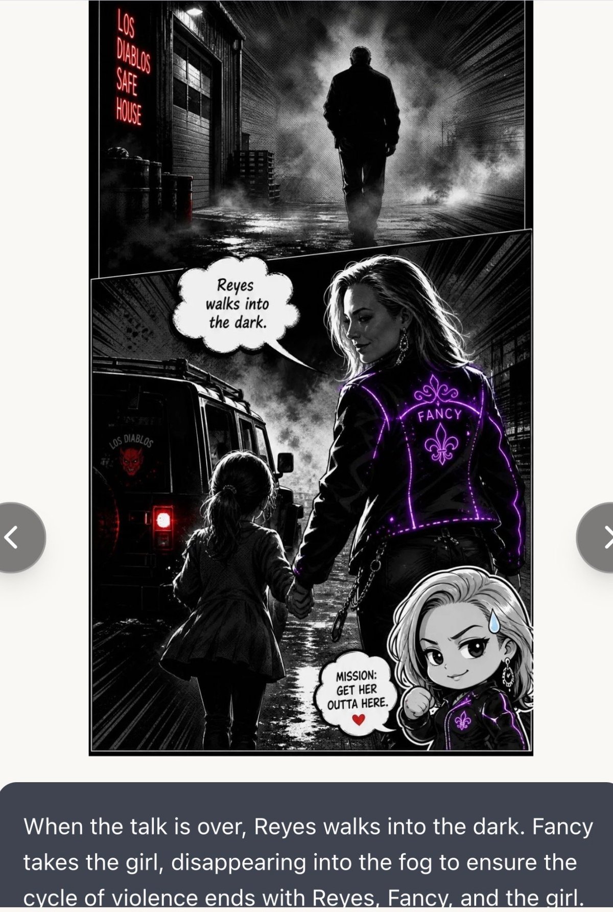 Comic panel showing a silhouetted figure walking into dark fog with purple-clad character and dialogue bubbles about a mission