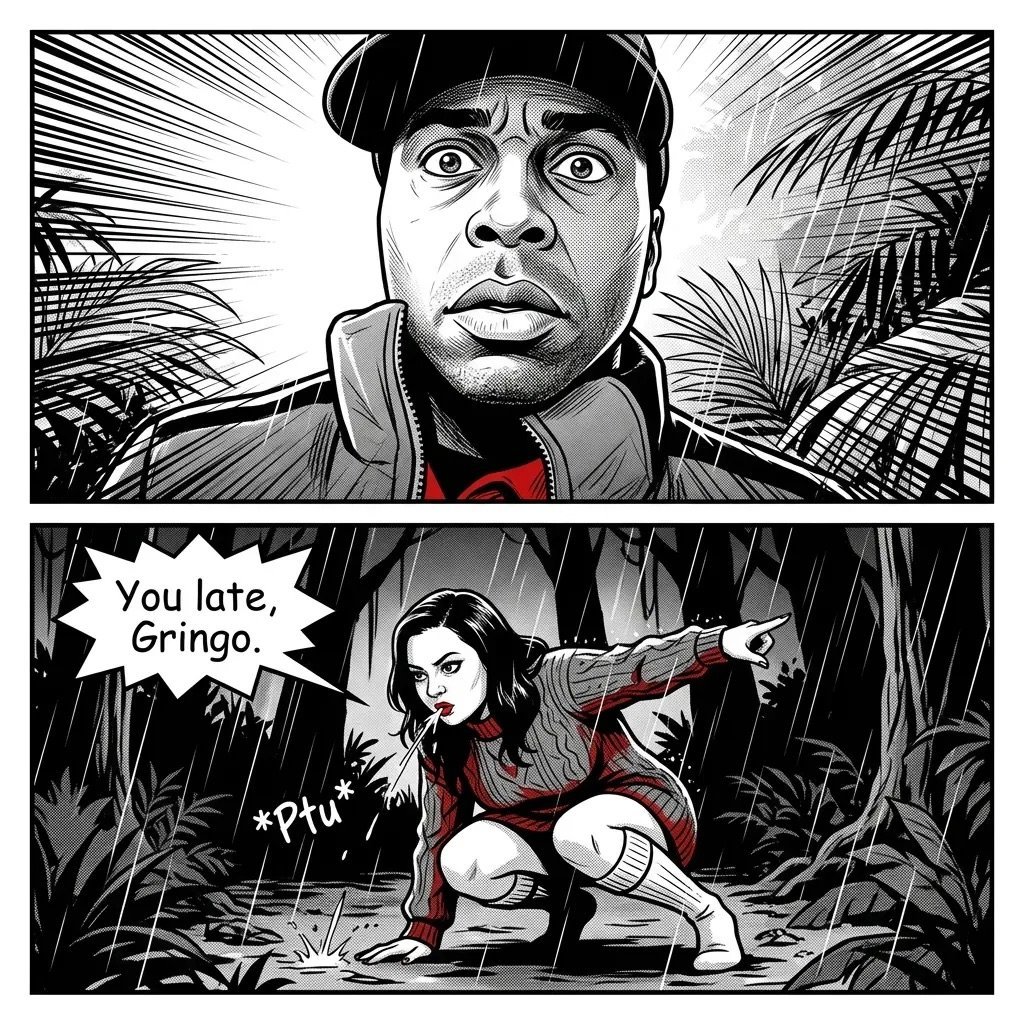 Black and white comic panel showing a man with surprised expression in top panel, woman crouching with gun saying You late, Gringo in bottom panel