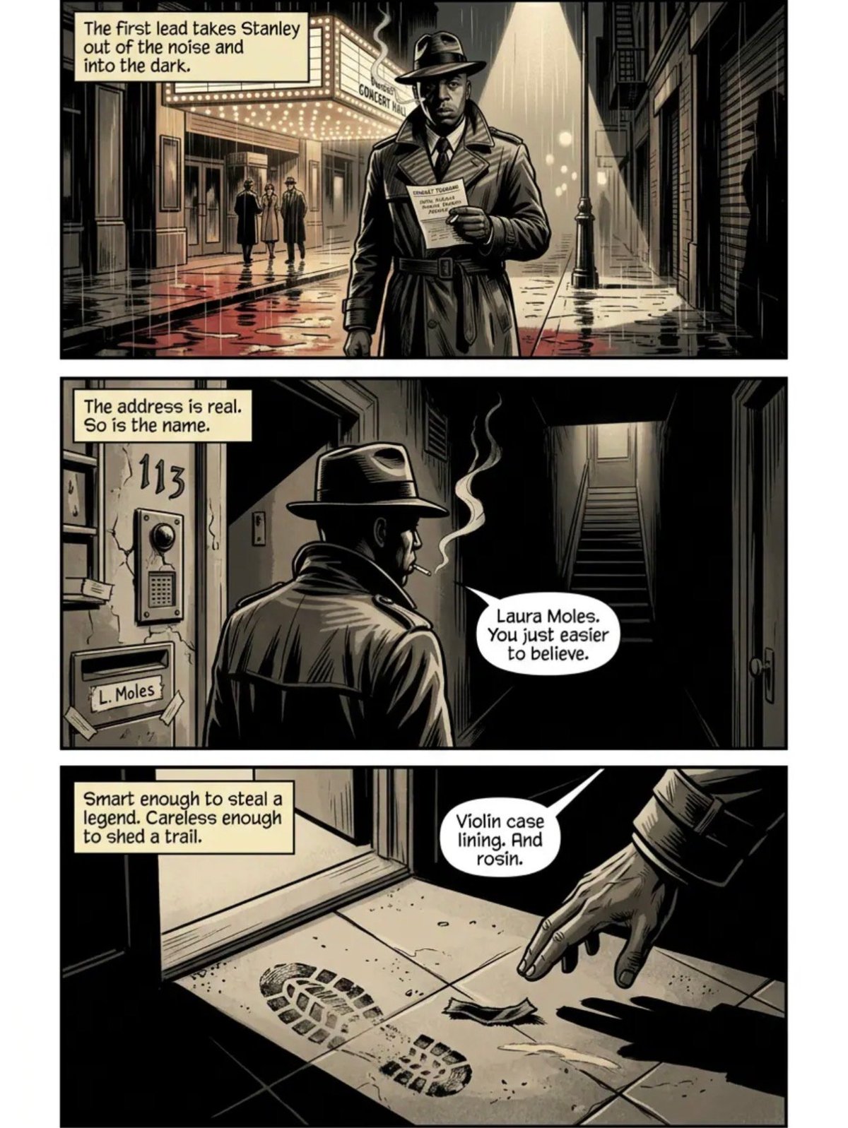 Film noir comic strip showing a detective following clues to find Laura Moles, with panels depicting stakeout, interrogation, and footprint evidence gathering.