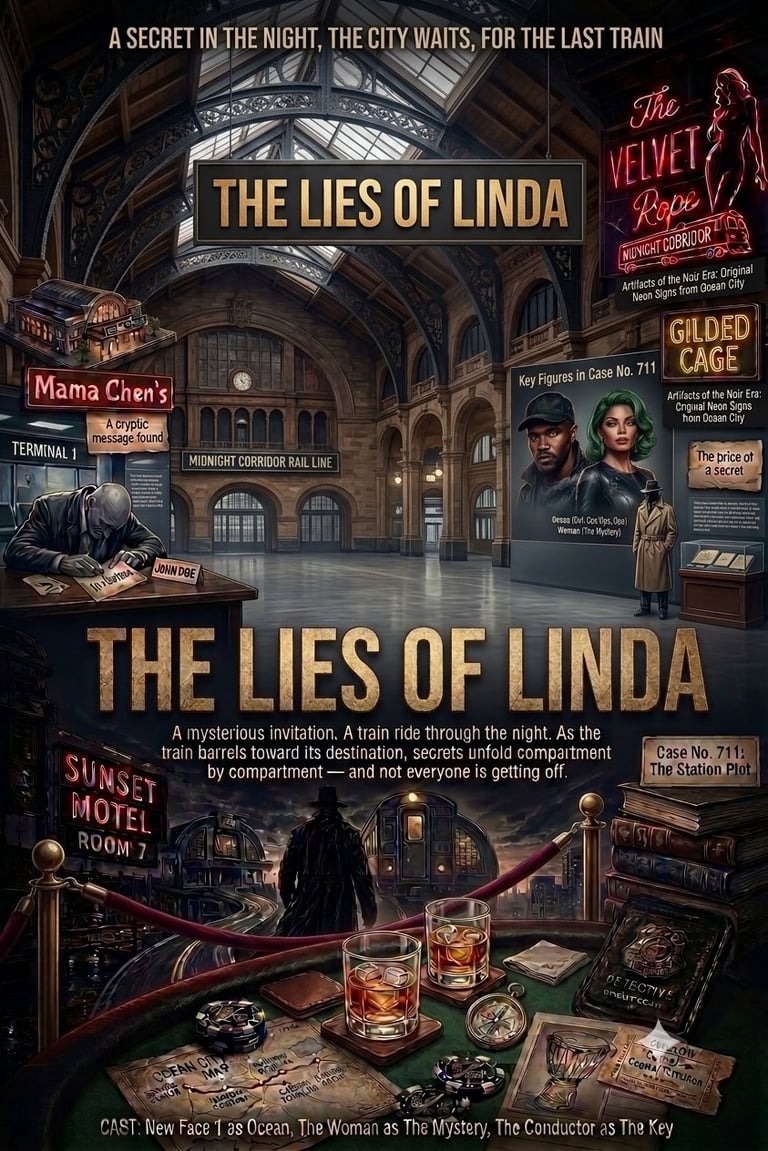 Movie poster for The Lies of Linda, a mystery thriller set on a midnight train with noir aesthetics and vintage details