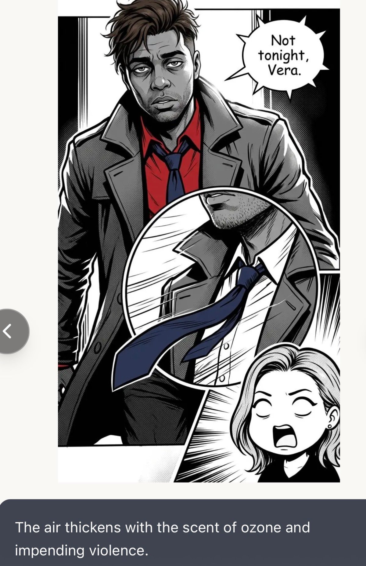 Man in gray coat holding motorcycle helmet saying Not tonight, Vera with distressed woman below in noir comic style