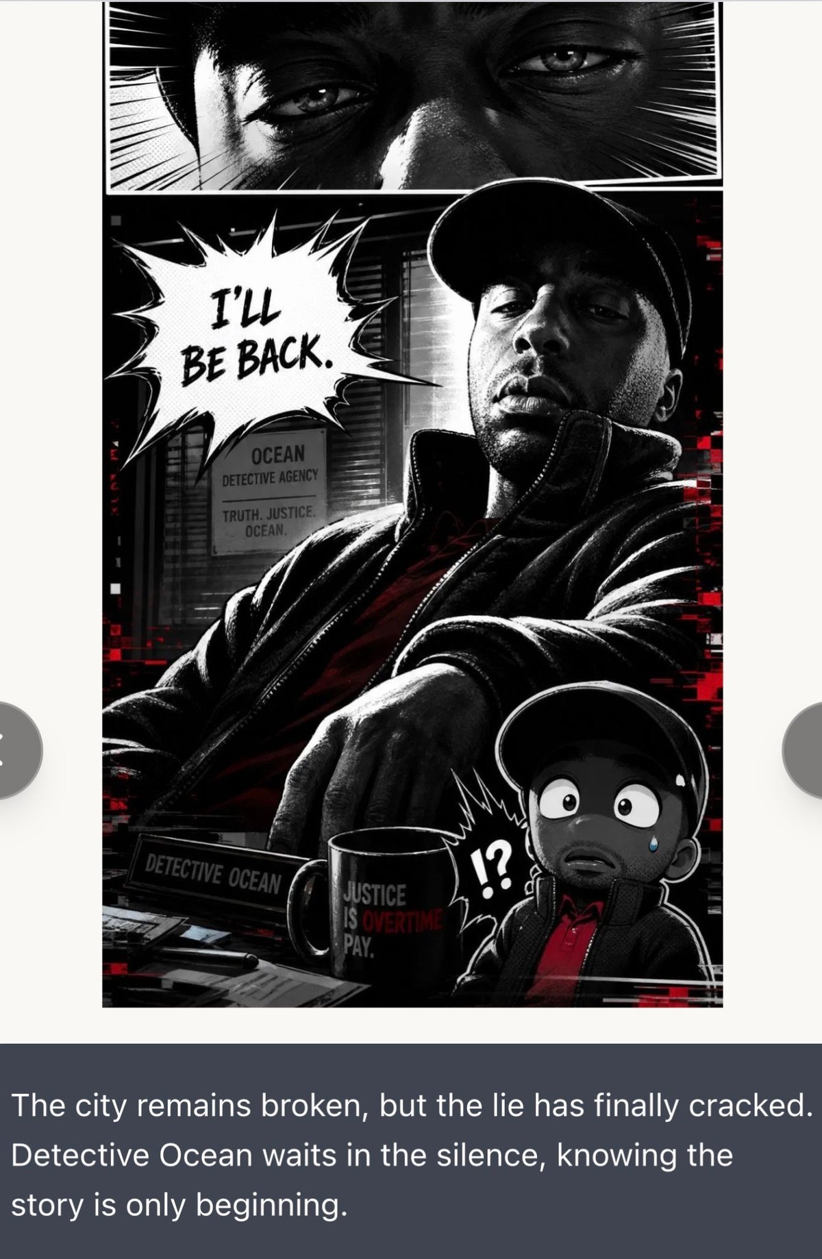 Black and white manga-style comic panels showing Detective Ocean with determined expression and text bubble saying Ill be back with red accents.