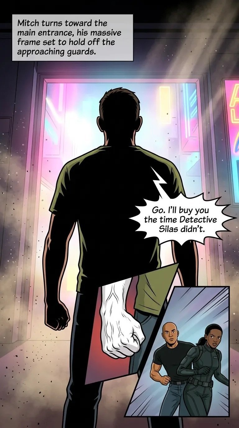 Silhouetted man facing neon-lit entrance with speech bubble. Inset shows two armed guards. Caption describes Mitch confronting approaching guards.