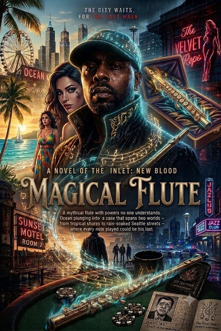 Book cover for Magical Flute featuring a man in a glowing flute-shaped hat, woman, Seattle skyline, neon signs, and a magical flute with mystical lighting