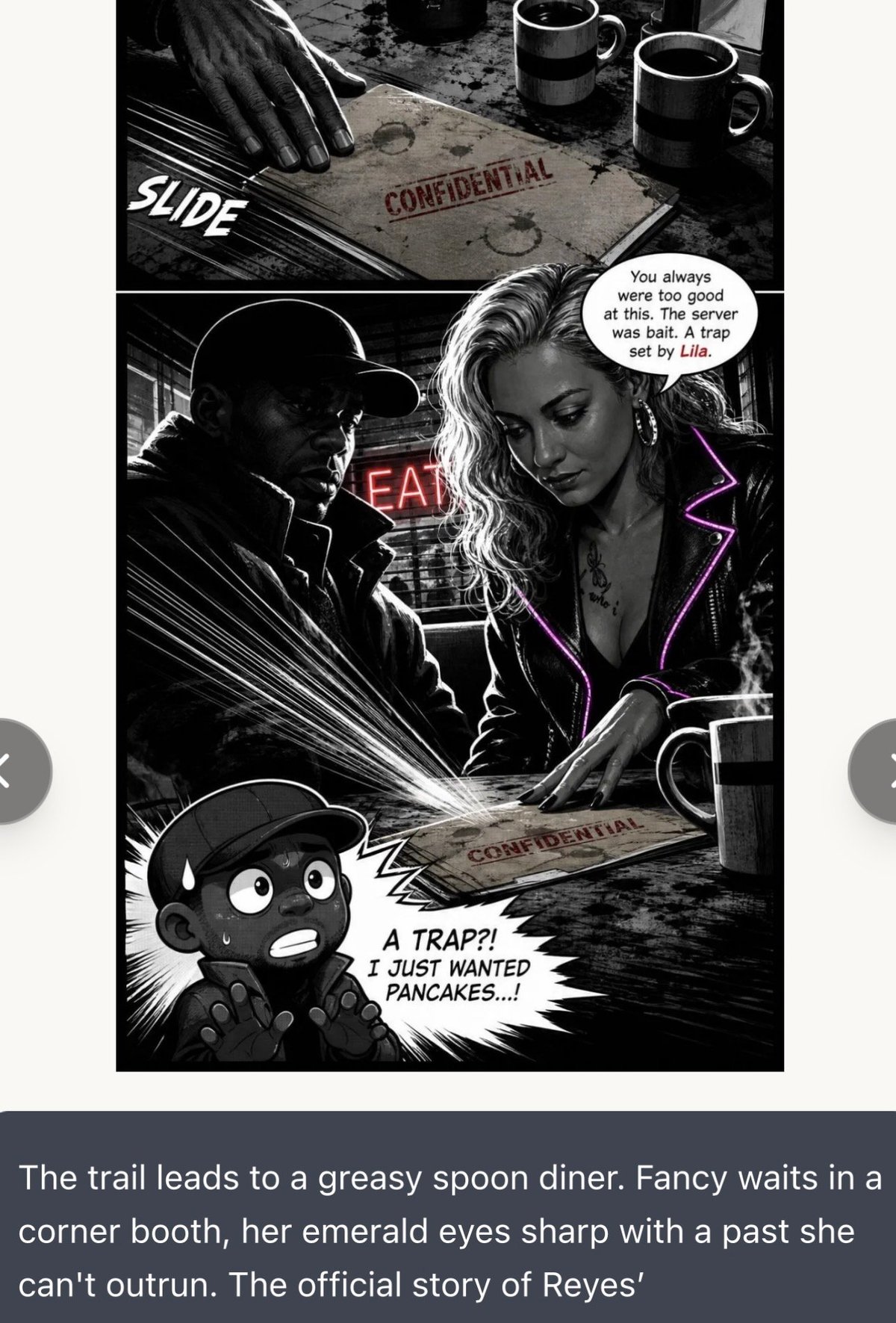 Black and white comic panel showing two characters at a diner table with dialogue about a trap and pancakes, featuring neon EAT sign