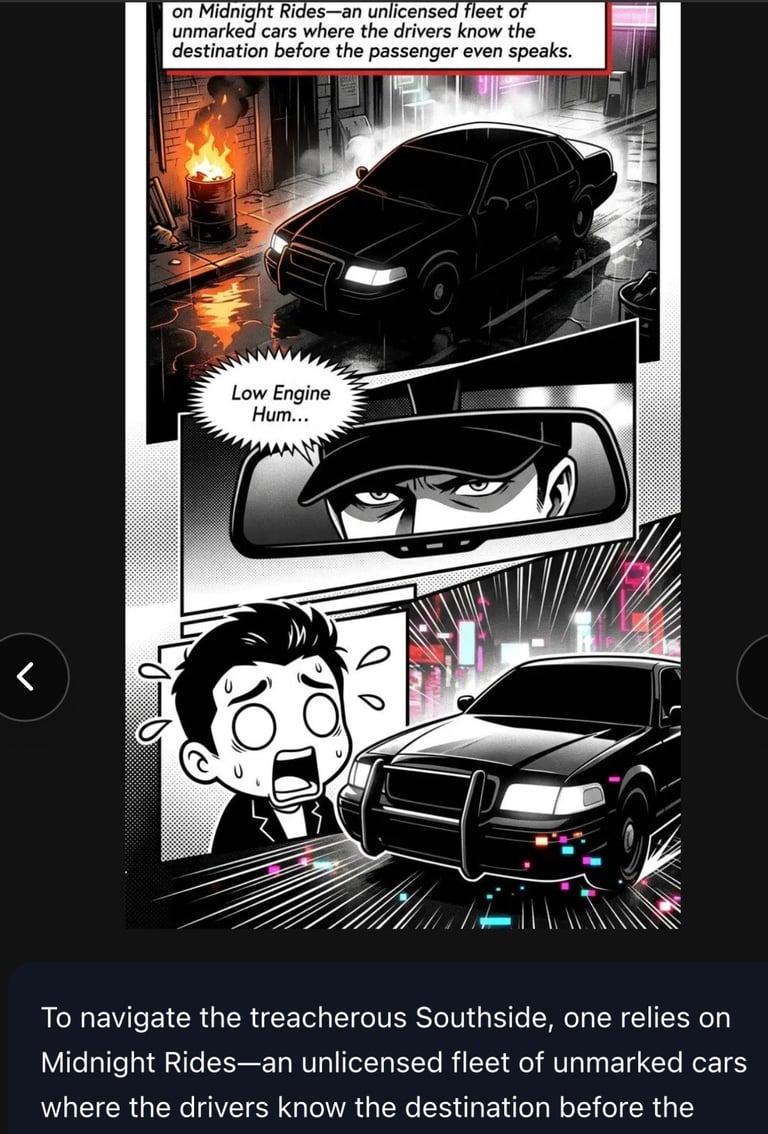 Manga-style comic panel showing a terrified passenger in a car with a mysterious driver, depicting an unlicensed taxi service called Midnight Rides