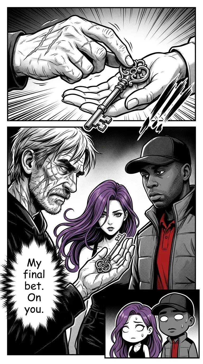 Black and white manga panel showing characters exchanging a revolver, with dialogue My final bet. On you. Purple-haired woman among three figures.