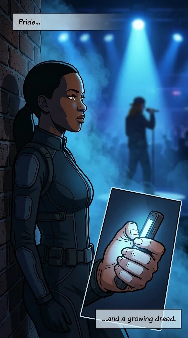 Woman in tactical suit holds glowing device while watching a performer on stage, text reads Pride and a growing dread