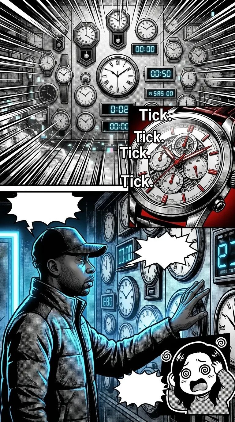 Stylized comic illustration showing a figure surrounded by multiple clocks and watches with Tick Tick text, representing time pressure and urgency