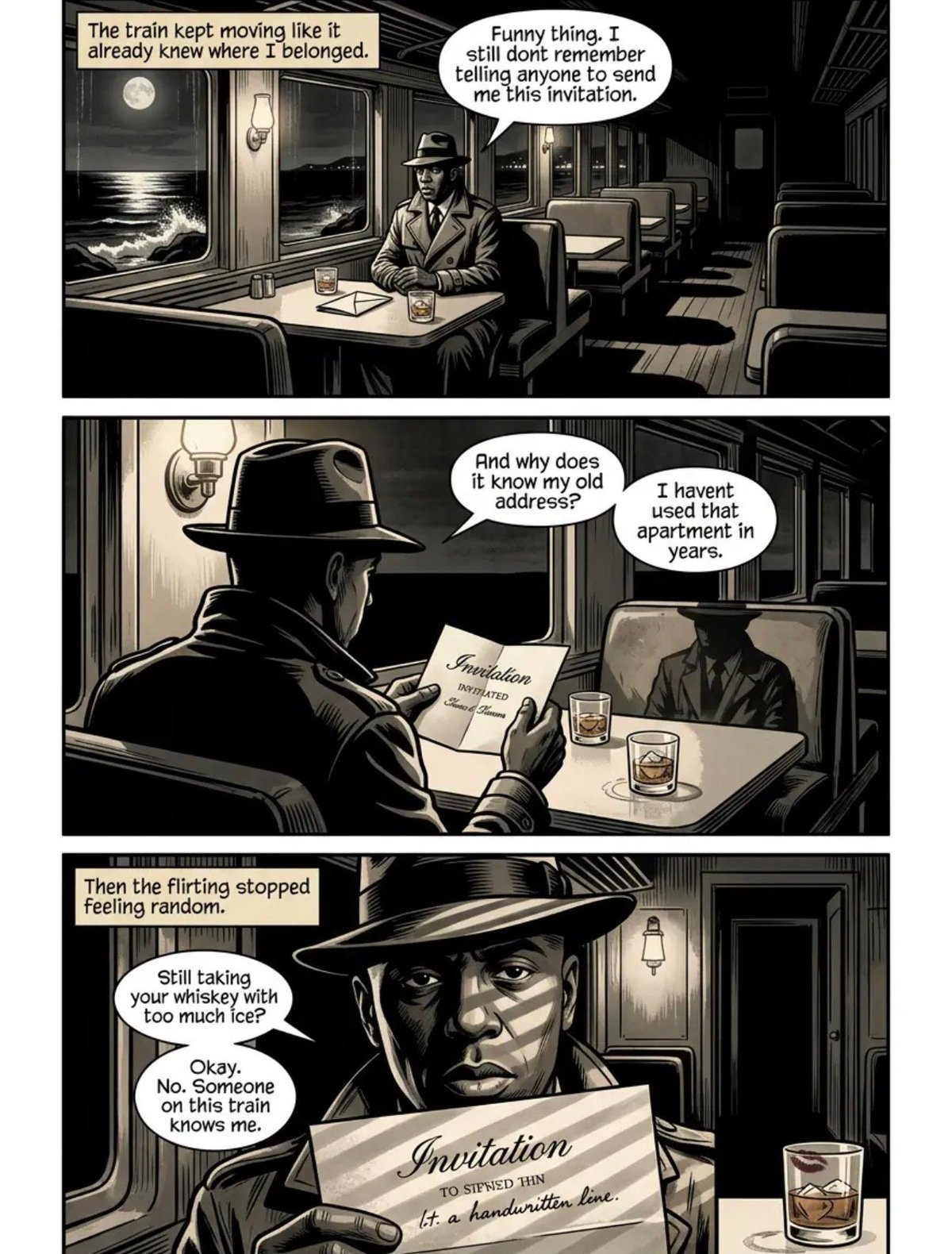 Black and white comic showing a man in a fedora and coat receiving mysterious messages about his past inside a train compartment